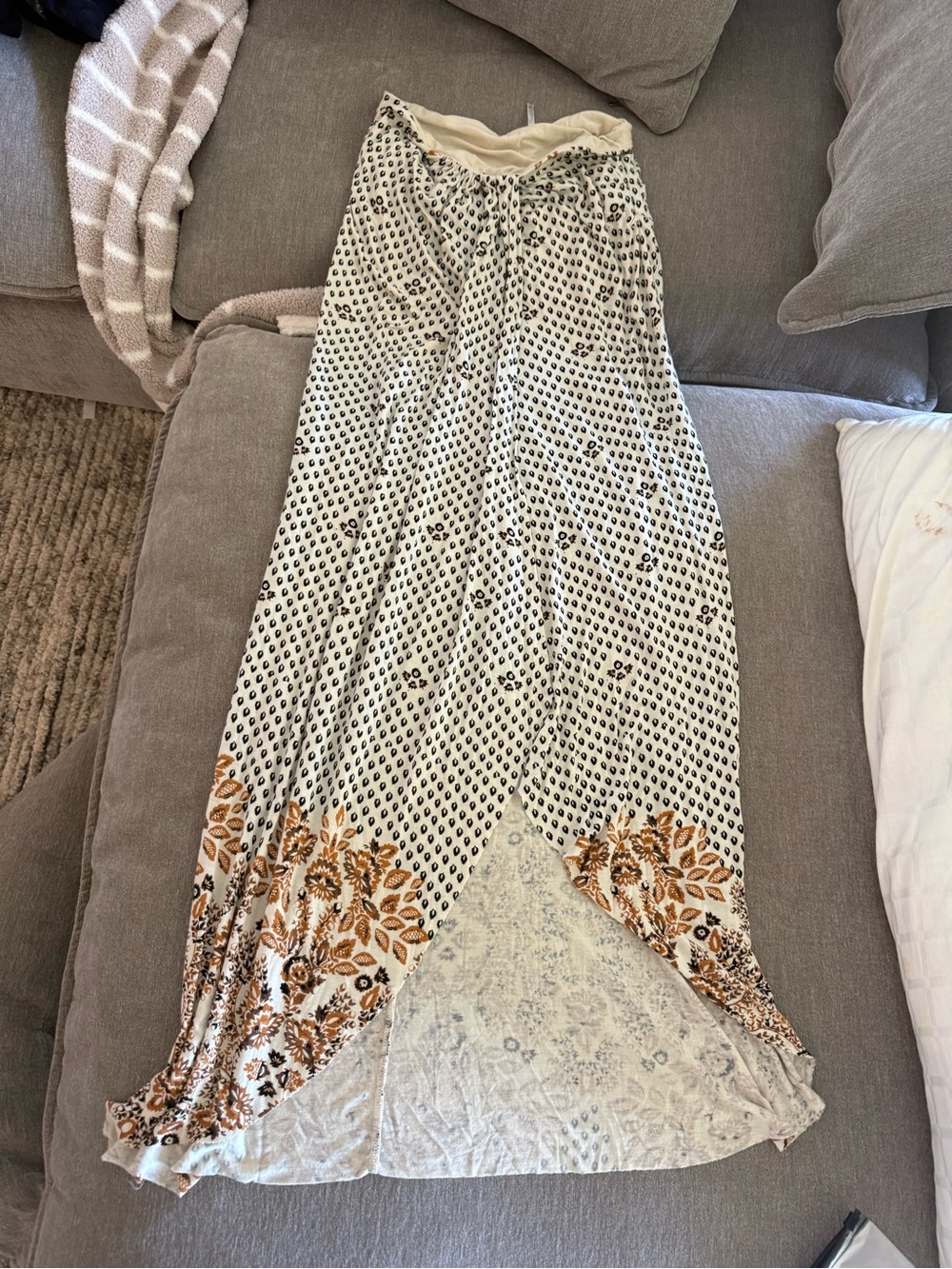 Free People Cream Maxi Skirt with Black Dot and Brown Floral Border